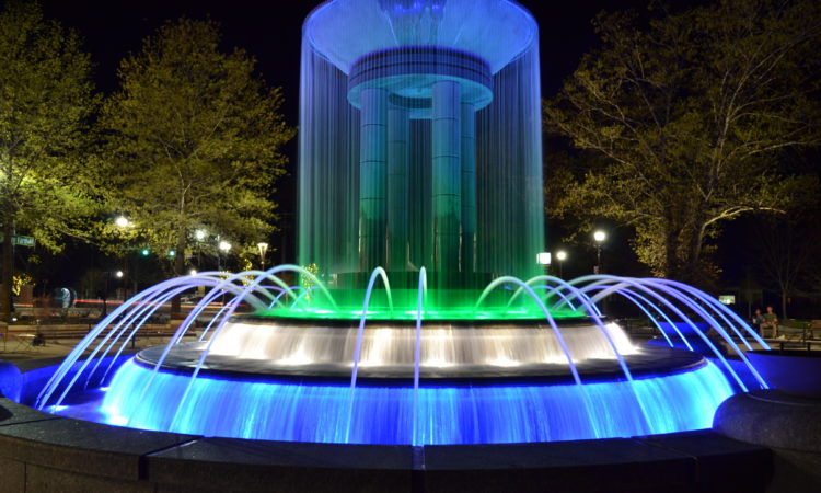 Downtown park fountain at night